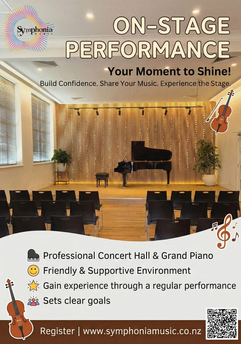 On-Stage Performance poster featuring the Symphonia Hall stage and grand piano