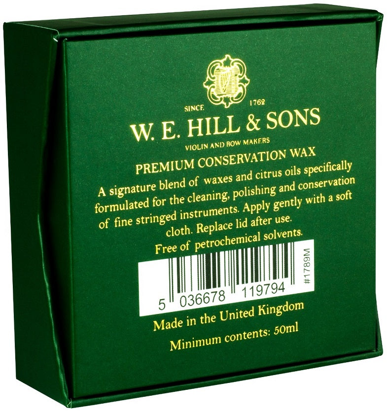 W.E. Hill and Sons Conservation Wax, reverse of the box