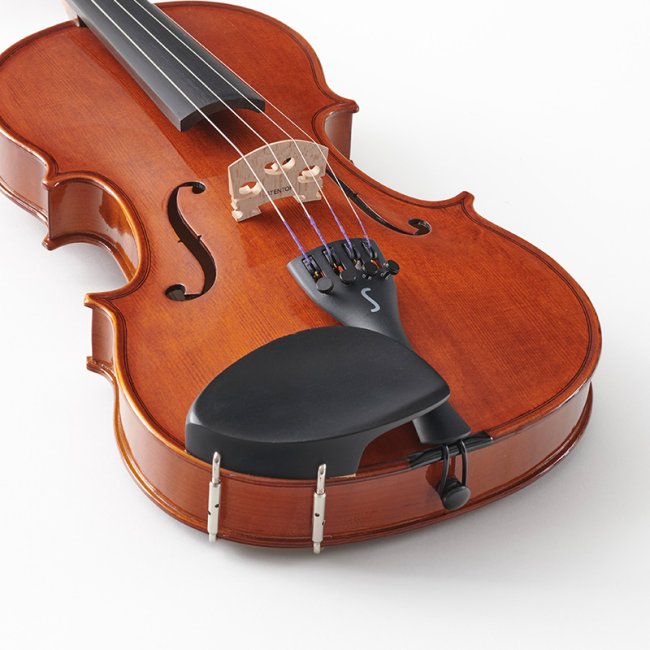 Stentor Conservatoire Violin Outfit — Conservatoire violin front bridge, chinrest and S-labelled tailpiece detail