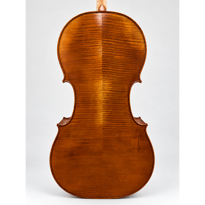 Back body view of the 2025 European Stradivari-copy cello.