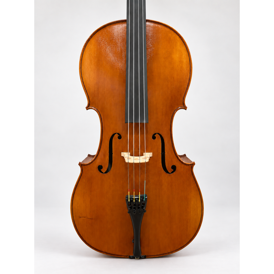 Front body view of the 2025 European Stradivari-copy cello.