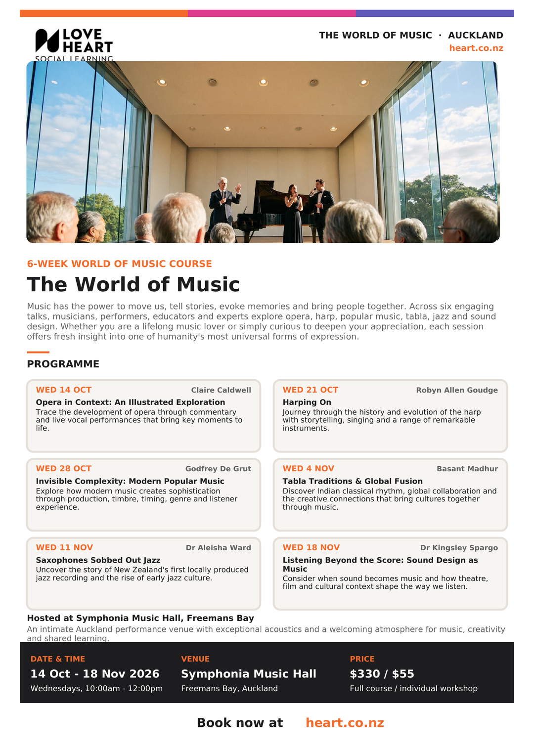 Love Heart’s The World of Music flyer: six Wednesday workshops, 14 October–18 November 2026, 10am–noon at Symphonia Music Hall, Auckland. Full course $330; individual workshop $55.