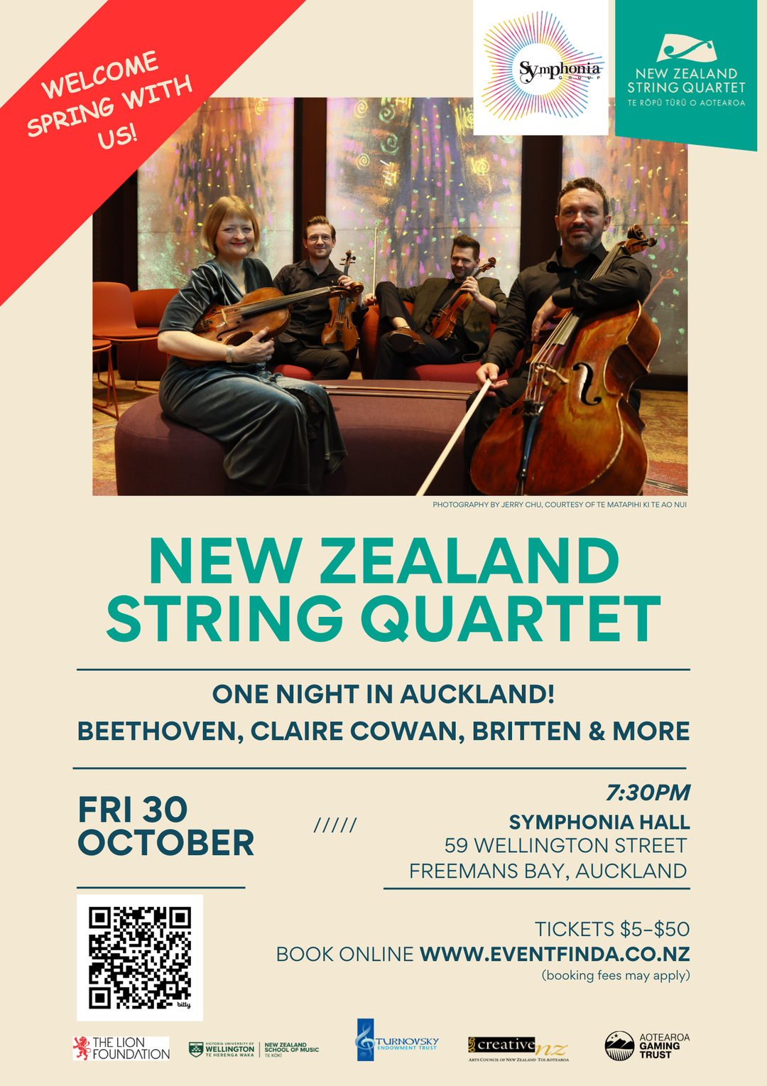 New Zealand String Quartet concert poster: Friday 30 October 2026 at 7:30pm, Symphonia Hall, Auckland.