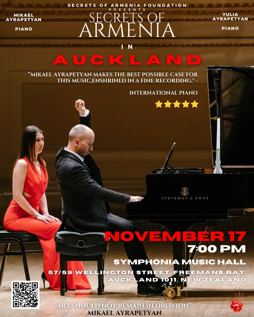 Secrets of Armenia: Mikael and Yulia Ayrapetyan, 17 November 2026 at 7pm, Symphonia Hall, Auckland.