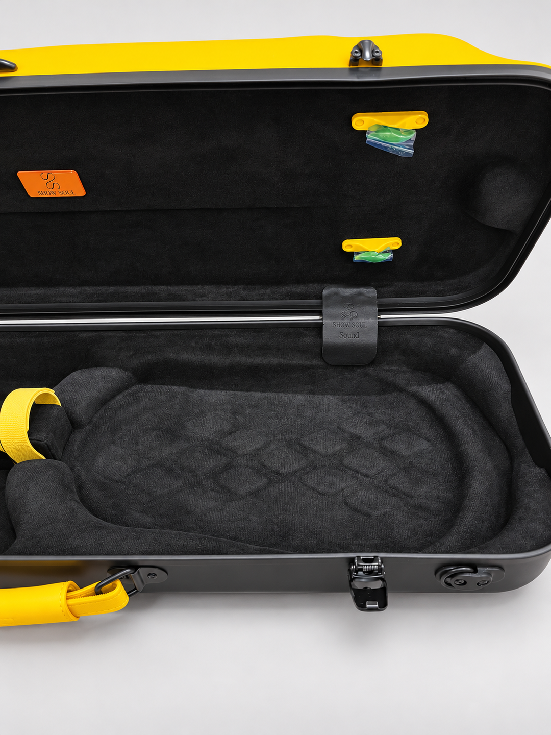 Yellow Show Soul Violin Case interior and bow holders