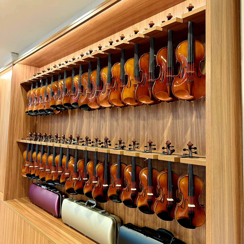 Violins displayed on the wooden wall at Symphonia Strings