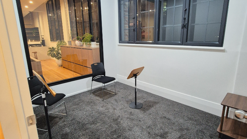 Symphonia Music Room 1 with chairs and music stands
