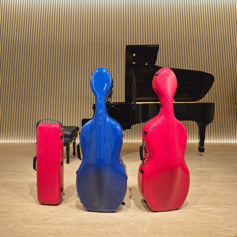 Blue and pink cello cases with a matching instrument case